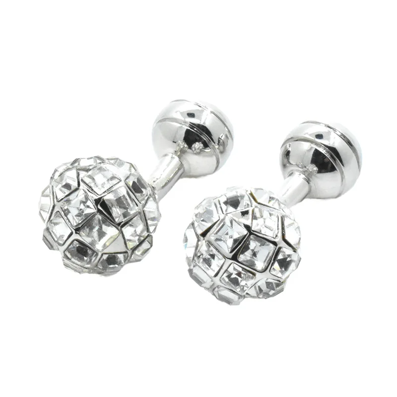 Luxury Square Full Bling Crystal Cufflinks Silver White Natural Stone with Stereoscopic Ball Exclusive Set of Jewelry