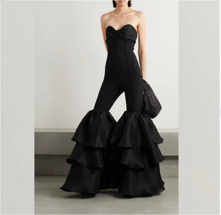 New Fashion Black Elegant Rompers Ribbed Jumpsuit Women Puffy Pant Foot Bandage Bodysuit Jumpsuits