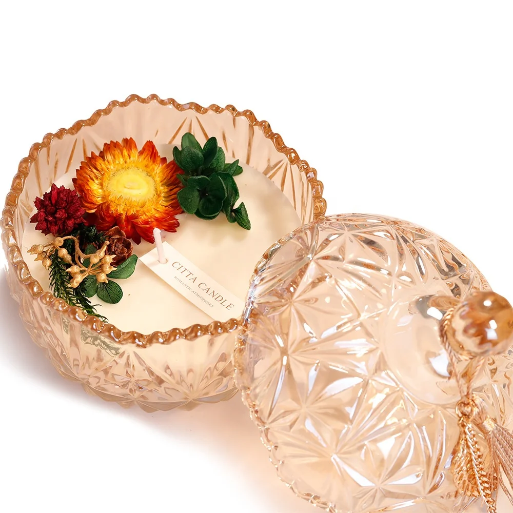 Wholesale Glass Candy Bowls Fragrance Oil Scented Luxury Candle with lid