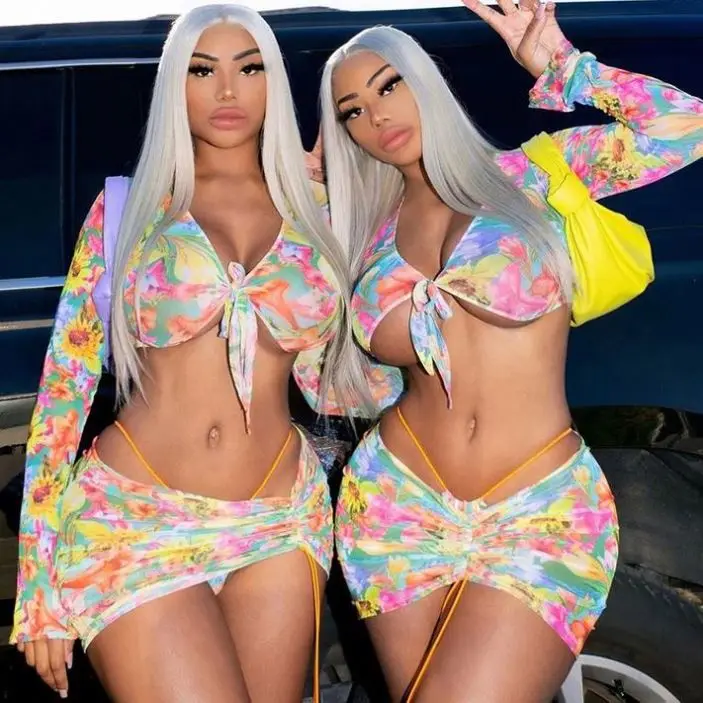 
Wholesale clothing dresses Sexy mesh sheer 3 piece set bikinis & beachwear cut out outfits skirt summer swimsuit cover up 