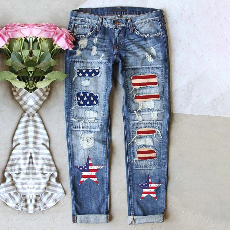 Hot Sale 2023 Cheap Stylish Casual Graphic Print Women Lady Trousers Ripped Jeans