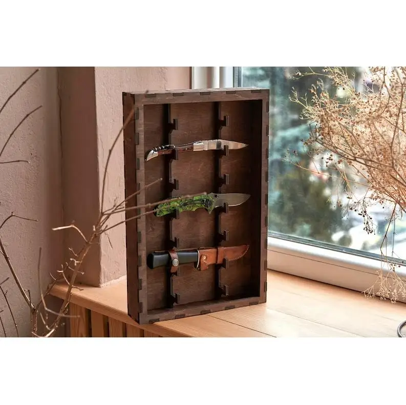 Custom creative pocket knife display shelf knife organizer wooden shelf knife case