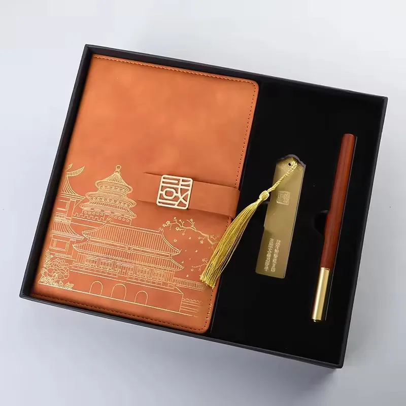 Custom Premium Chinese style Gift Sets corporate gift set luxury promotional leather notebook pen gift box
