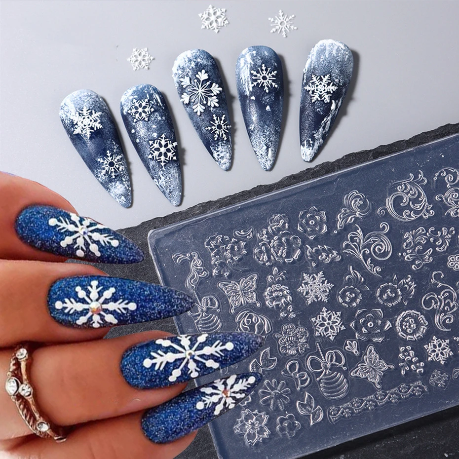 Snowflake Nail Art Silicone Mold Winter Christmas Designs 3D Stereo Crystal Carving Mold Butterfly Powder Carved Nail Art Tool