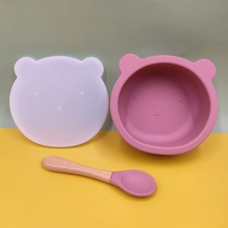 non-toxic non-spill strong suction BABI FOOD BOWL  set feeding bear shape silicone suction bowl with lid and spoon