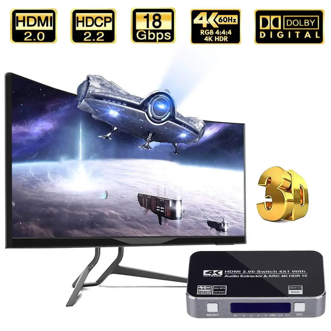 Top Sale 2.0 4K HDMI switch  4 in 1 out switcher with audio separation HDMI2.0 switcher 4 input 1 output  with ARC for TV