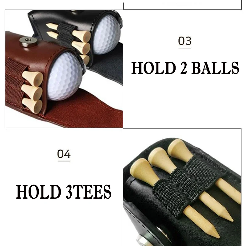 PU Leather Golf Ball Pouch Bag Holder Cover Waist Belt Storage Pocket with 3 Tees 1 Golf Divot Repair Tool Set