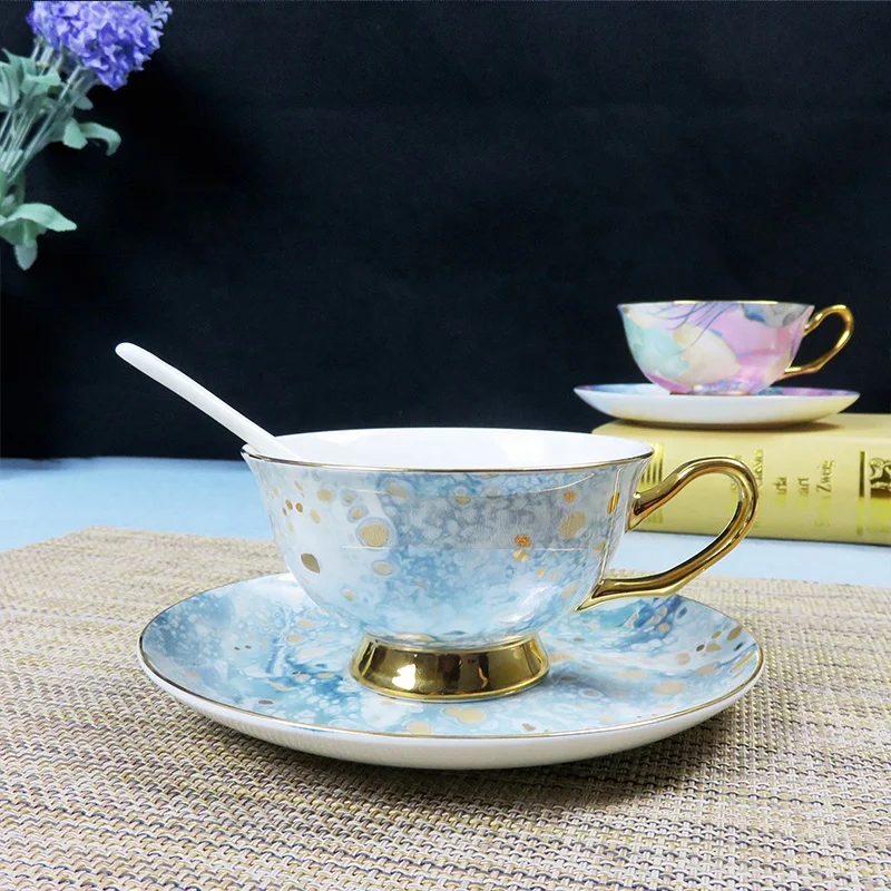 2021 luxury  new design coffee  and tea cup  luxury tangshan bone chinaware white tea coffee cup and saucer set