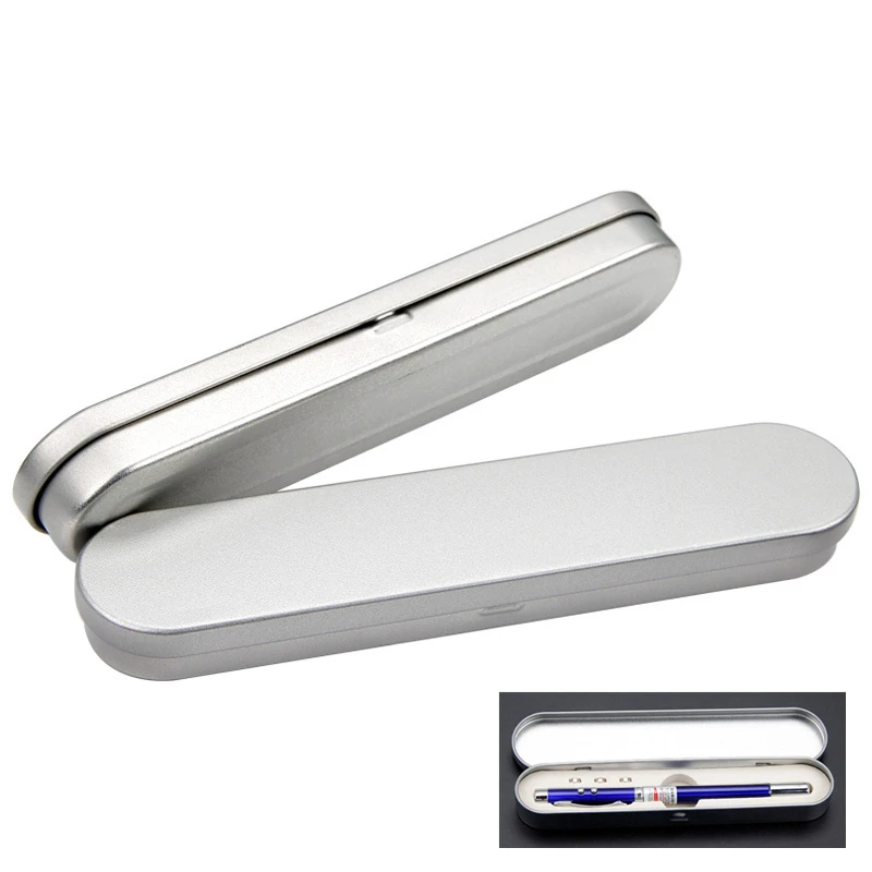 Pen Pencil Hold Tin Box Containers Custom Logo Empty Long Rectangular Oval Silver Hinged Metal Packaging 