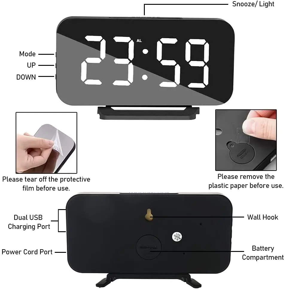 KH-CL027 Large Number 0-100% Dimmer USB Charging Port Snooze Outlet Powered LED Digital Alarm Clock for Bedroom Desk