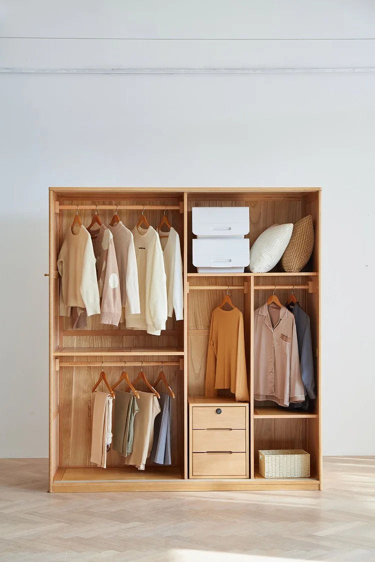 F8041 Nordic style solid OAK wood two sliding doors natural and black walnut color wardrobe bedroom furniture