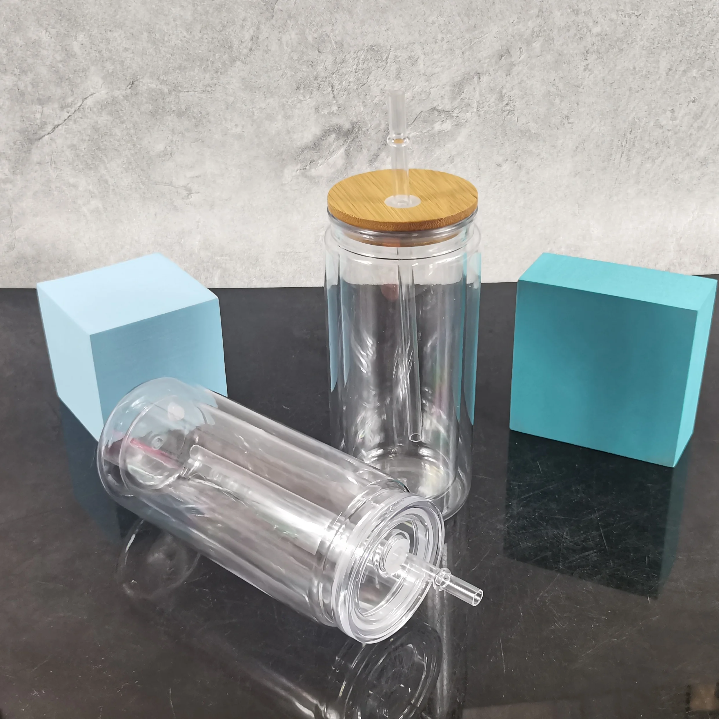 Reusable 16oz 20oz Transparent Snow Globe Plastic Cup with Lid and Straw Double Walled Pre-drilled Glitter Acrylic Can Tumbler