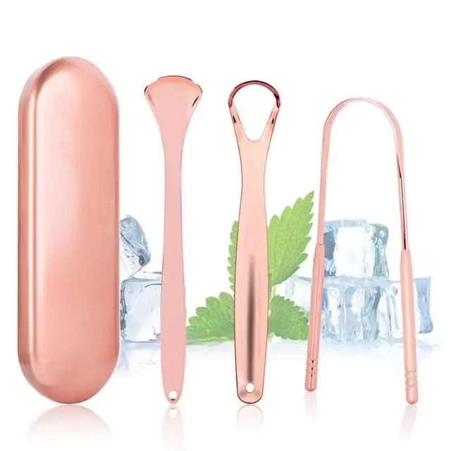 wholesale OEM logo 100% copper tongue cleaner stainless steel tongue scraper set tongue scraper
