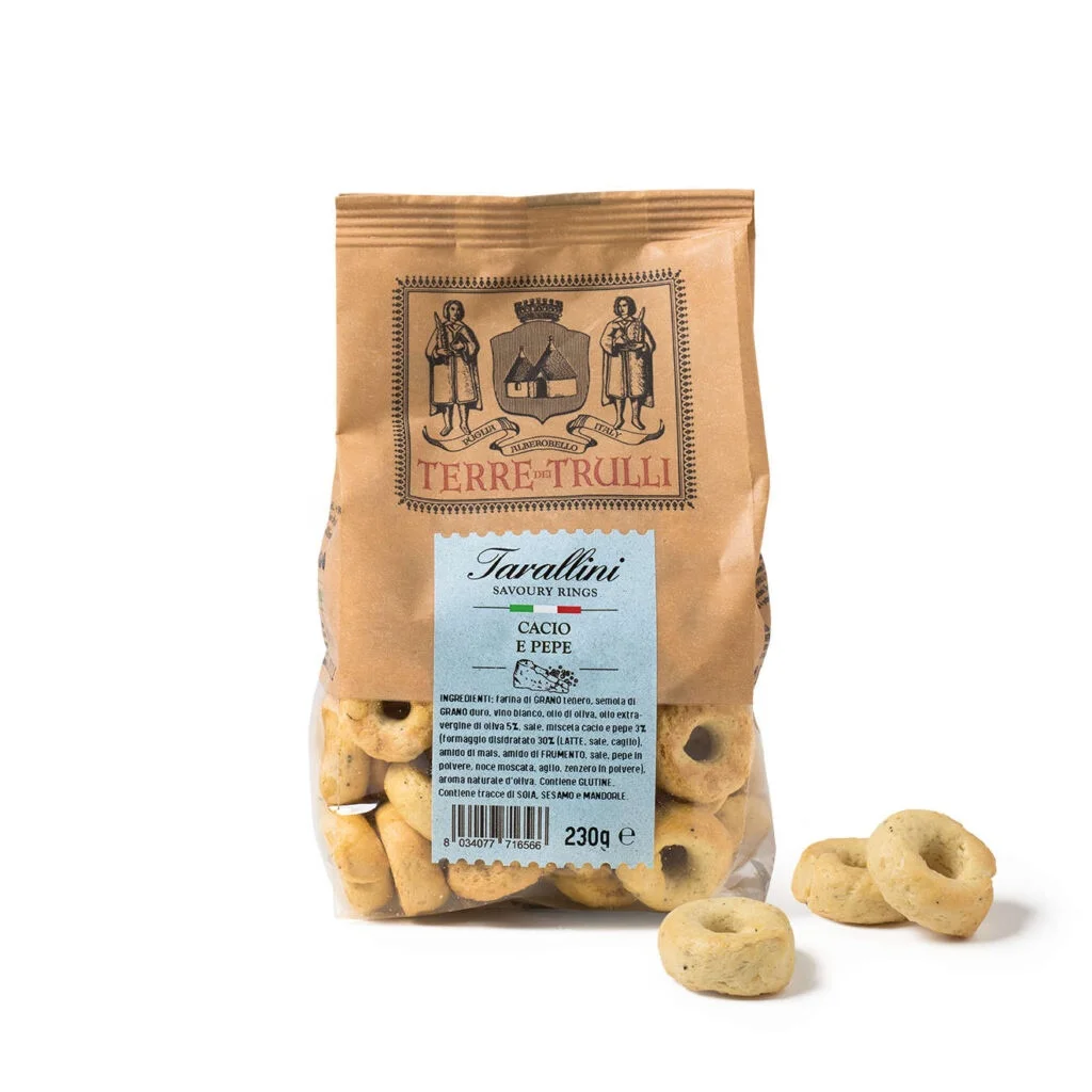 Taralli - Made in italy premium baked Grain snacks with Cheese & Black Pepper - 230g plastic pack - VEGETARIAN