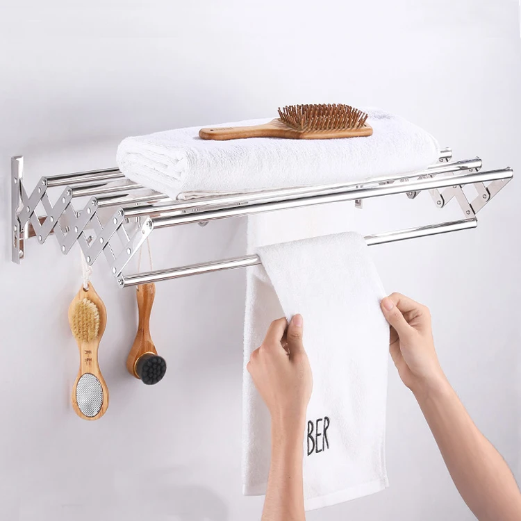 Wholesale stainless steel wall mounted Expandable Telescopic foldable bathroom metal towel racks