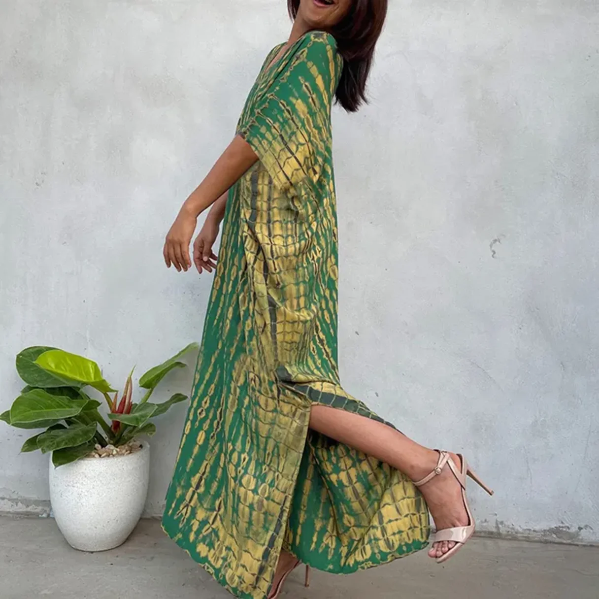 New Style Fashion Summer Noble Elegant Trendy Loose V-neck Split Beach Dress African Printed Women Dress