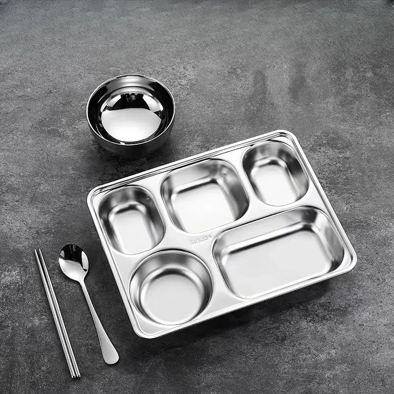 10 Inch  Stripe Chip Resistant Chinese Restaurant Stainless Steel Divided Dinner Plates Wholesale Sets For 12