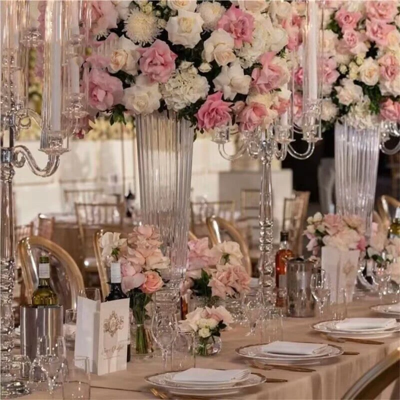 Hot sale 7.87*29.92 inch Cylinder stripping pattern Glass Vase Clear Crystal Tall Vase Wedding Centerpiece flower arrangement