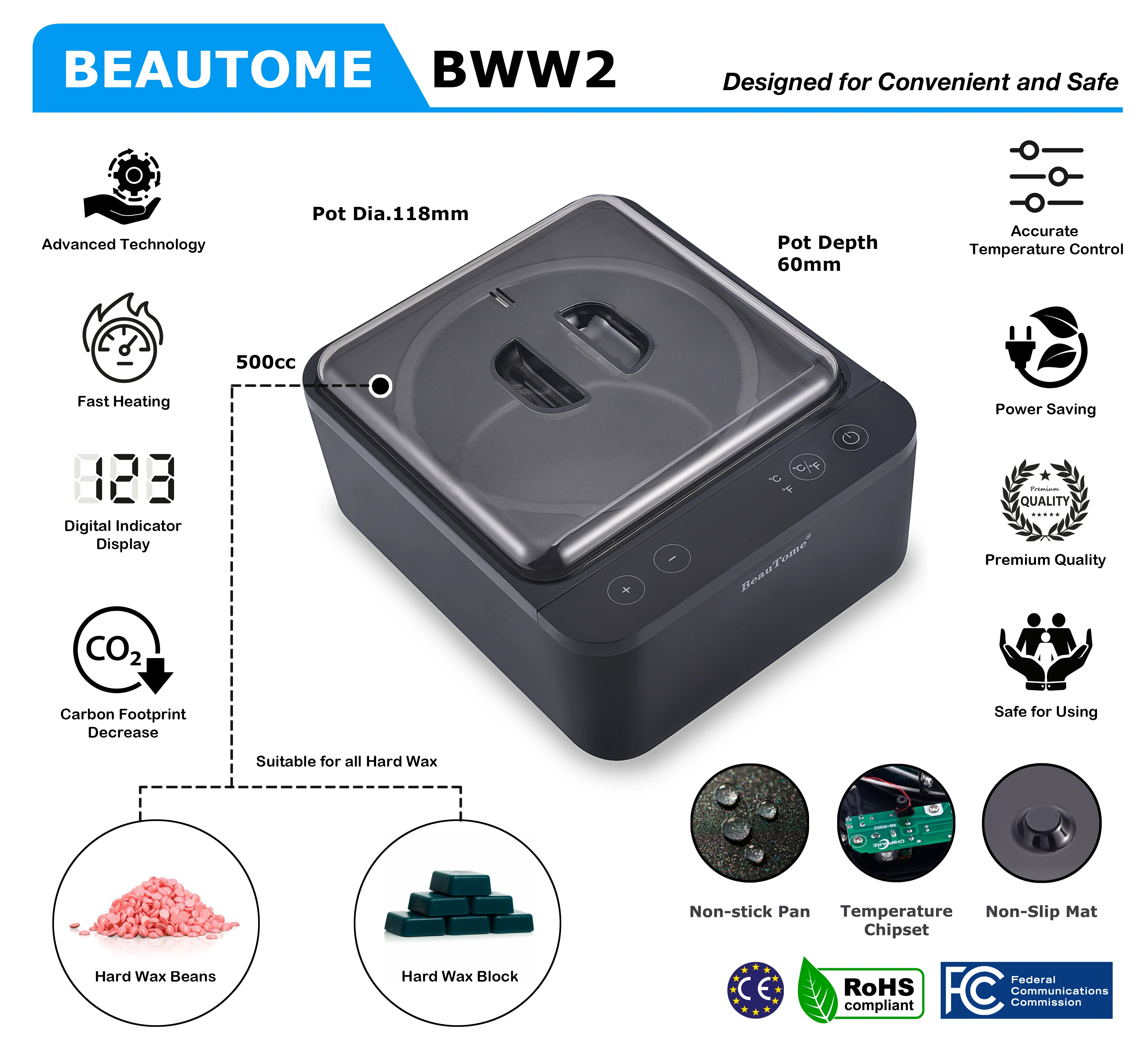 Beautome BWW2 500ml esthetician professional machine digital display wax kit for spa salon