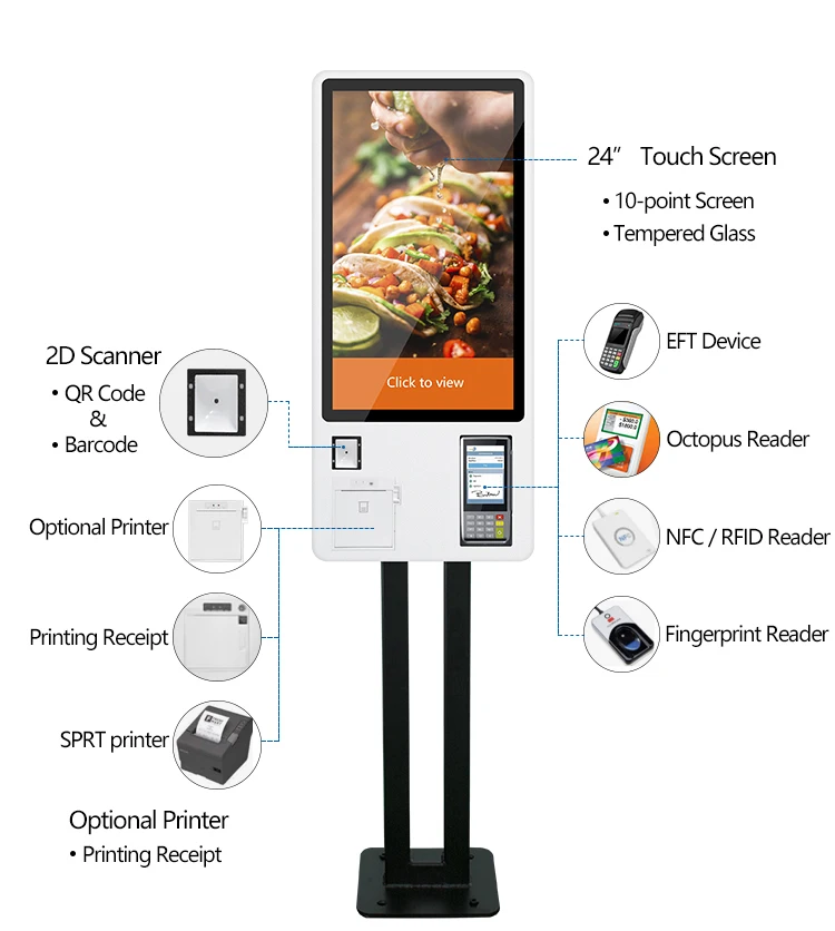 Support advertising OEM custom 24 inch 4G smart touch screen self service ordering payment kiosk terminal in restaurant