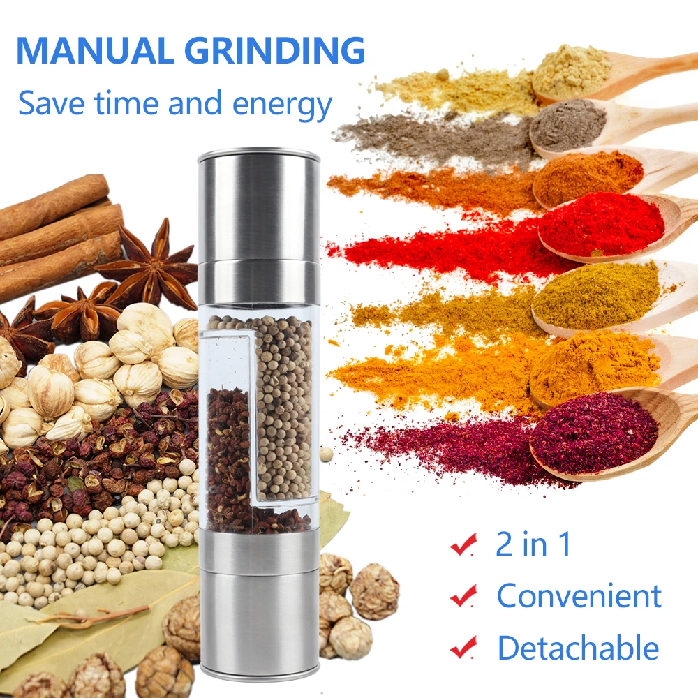 B02-0244 Hot Sell 2 in 1 Stainless Steel Salt and Pepper Mill Set Manual Salt and Pepper Grinder Set Spice Mill for Kitchen