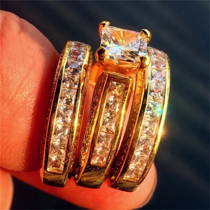 
Huitan 3Pcs/Set Engagement Rings Set Princess Cut Dainty Gems Cubic Filled Women Girls Silver Gold Wedding Luxury Ring Sets 