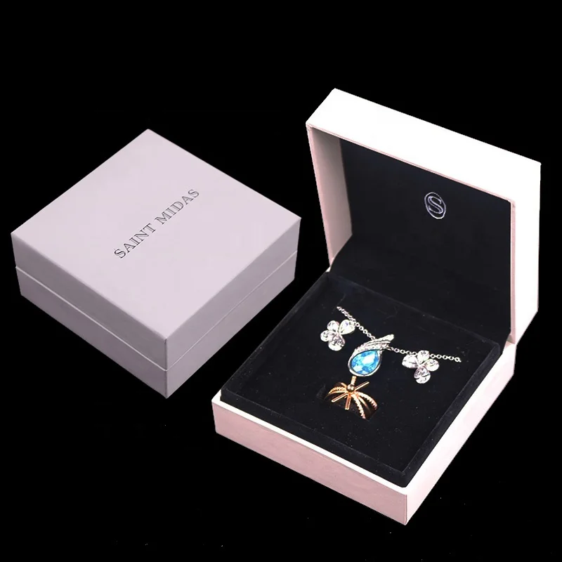 JBS703M factory customized grey smooth touching paper hinged black velvet earring chain necklace ring box jewelry