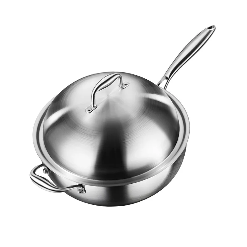 SUS 316 Stainless Steel Flat Bottom Wok with Steel Cover Single Handle Wok for Gas and Induction Cooker