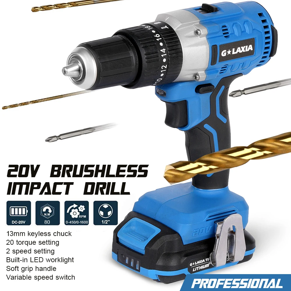 20V Li-Ion Brushless 13mm keyless chuck double speed impact drill with built-in LED worklight