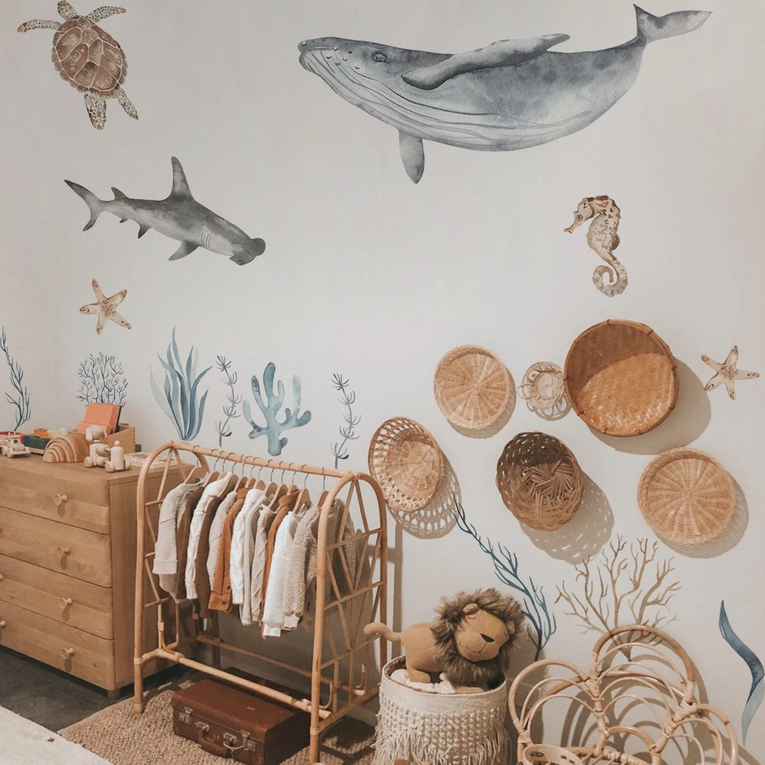 Funlife BDEWS013  Nordic watercolor underwater animal world Big Size Room Decoration Wall Stickers