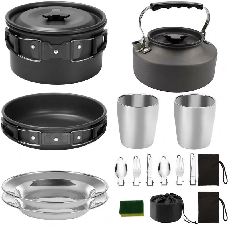 2-3 Person Camping Picnic Cookware Set Tableware Combination Portable Outdoor Cooking Mess Kit with Cups Plates