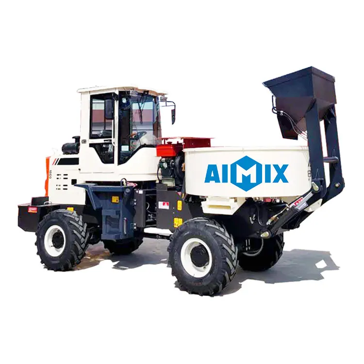 Aimix flat mouth concrete mixer truck mobile big pan concrete mixer with self loader
