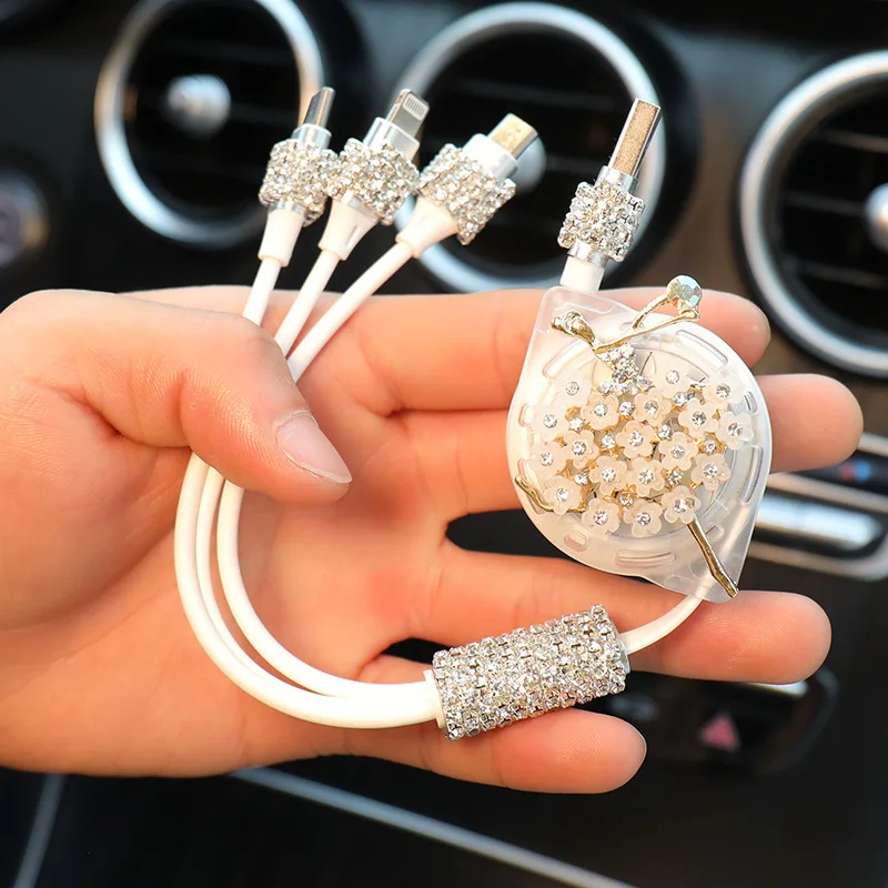 Mini Dual Port Bling Crystal Diamond Fast Usb Cord With Type C Connector Mobile Adapter Quick Multi Charging Cable For Iphone