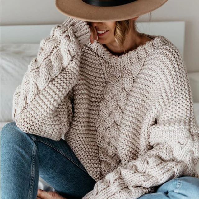 Winter Fashion Clothing Ladies Solid Pullover V-neck Twist Loose Sweater Casual Knitted Sweater Women