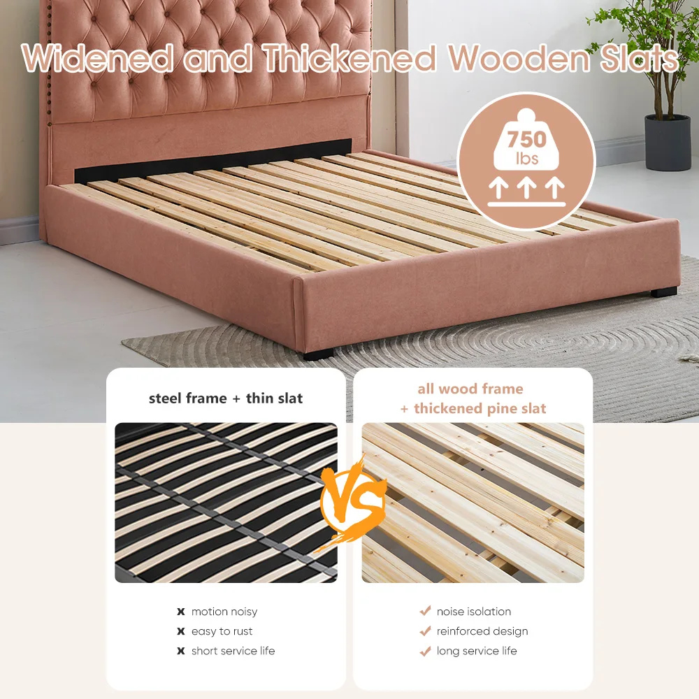 Customize mattress foundation sleep beds base wood platform velvet button-tufted padding headboard wooden upholstered bed frames