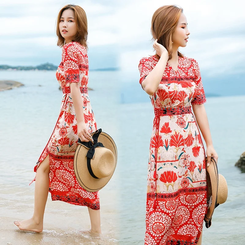 Hot Sale Red Party Summer Ladies Casual Chiffon Maxi Dress For Mature Women