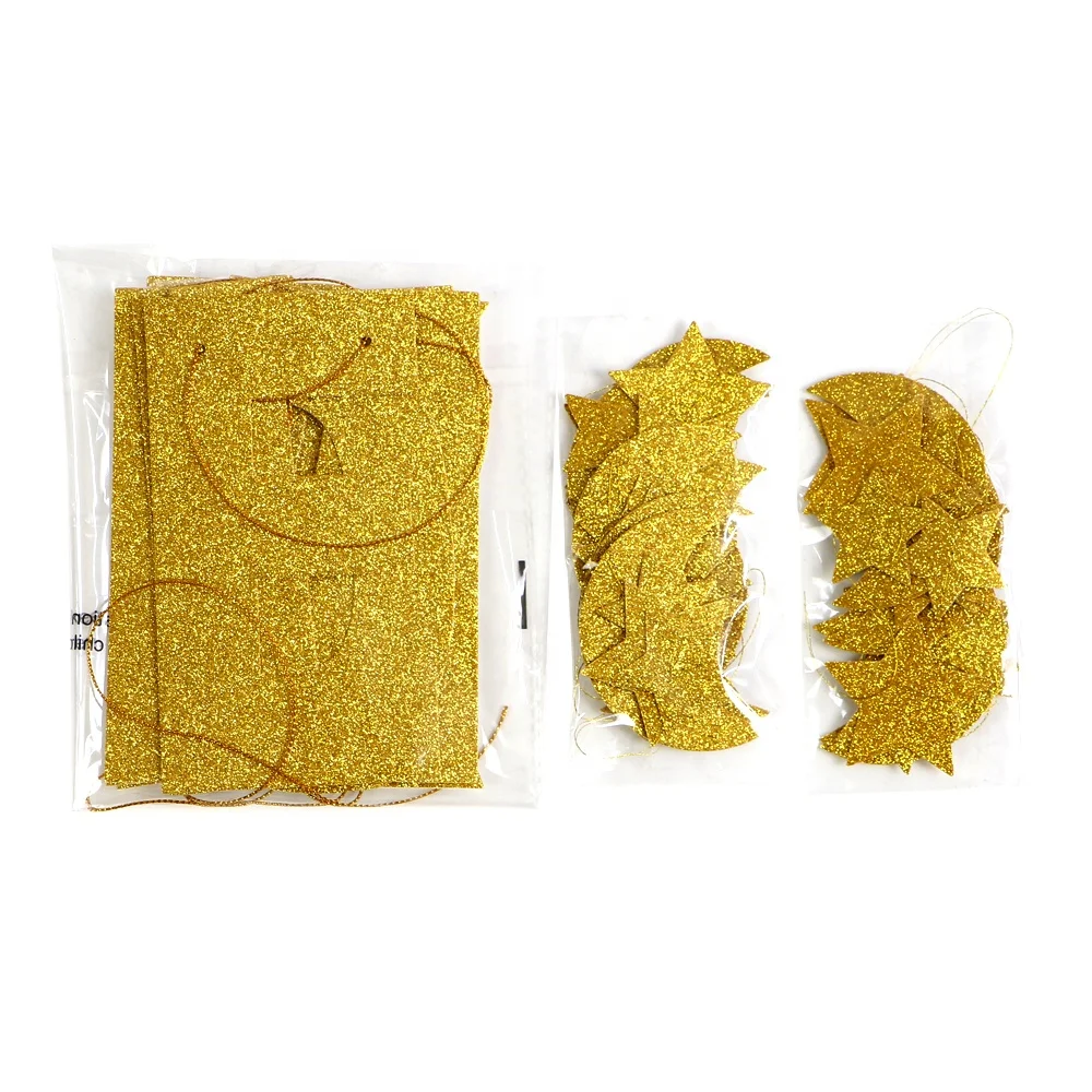UMISS Gold  Glitter Color EID Mubarak Banner Moon Stars Shape Hanging Garland Eid Mubarak Decorations Arabic