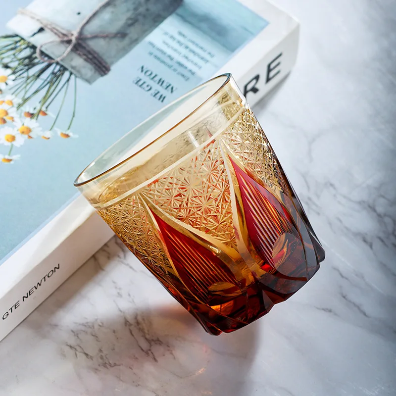 Hand Cut Colored Glasses Sake Glass Cup Embossed Handcraft Japanese Carving Whisky Set Shot Wine Double Wall Goblet Edo Kiriko