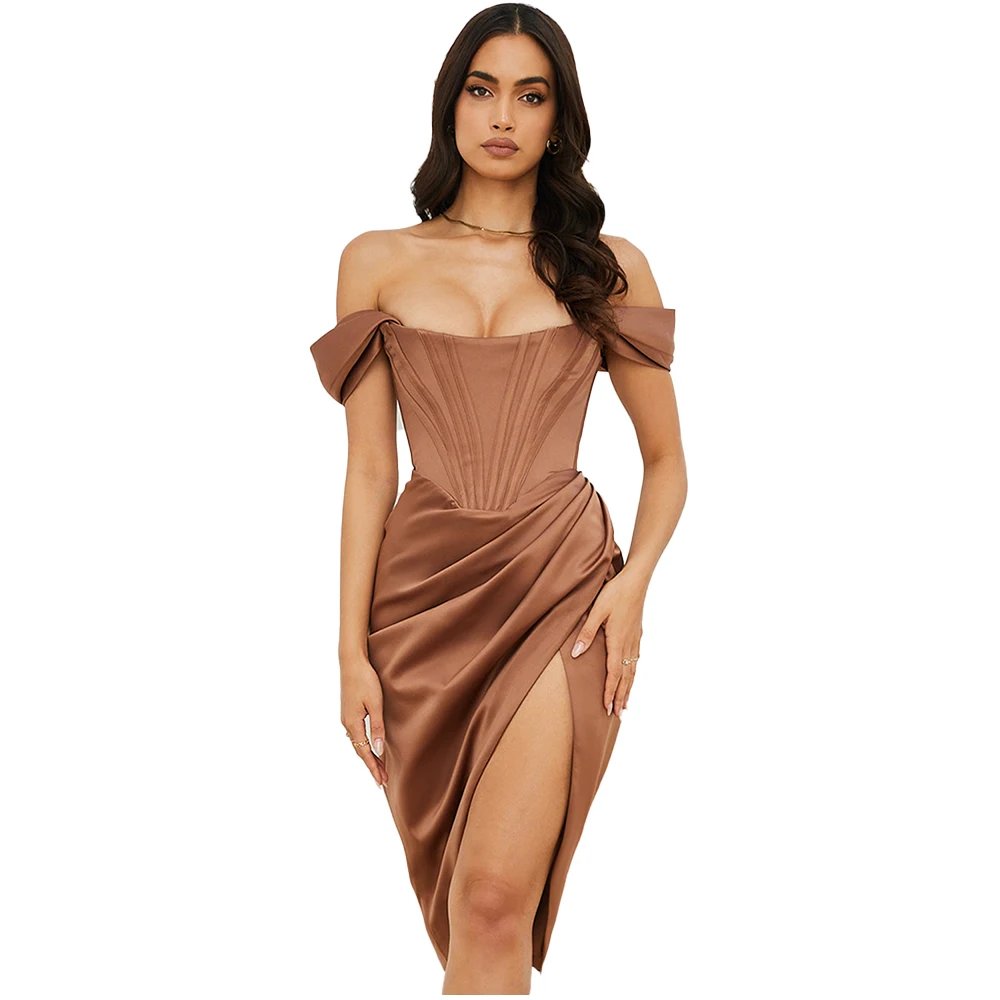 6263 Off Shoulder Gown Elegant Dress For Women 2021 Draped Satin Corset Robe Sexy Backless Nigh Club Bodycon Birthday Skirts
