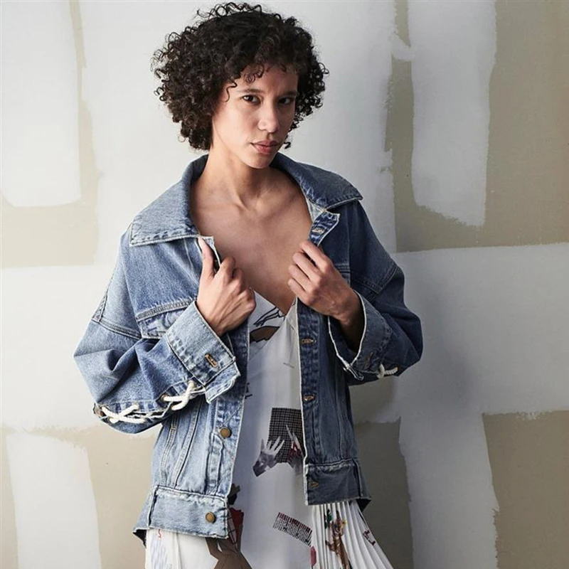 Fashion Autumn New Street Style Coat Loose Rope Tie Lapel Casual Jacket Denim Jacket for Women