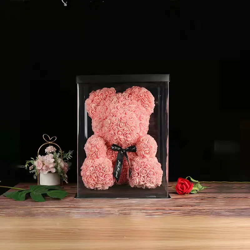 Yunnan wholesale decoration flower rose bear artificial eternal flowers pe foam 40 cm rose teddy bear in gift box