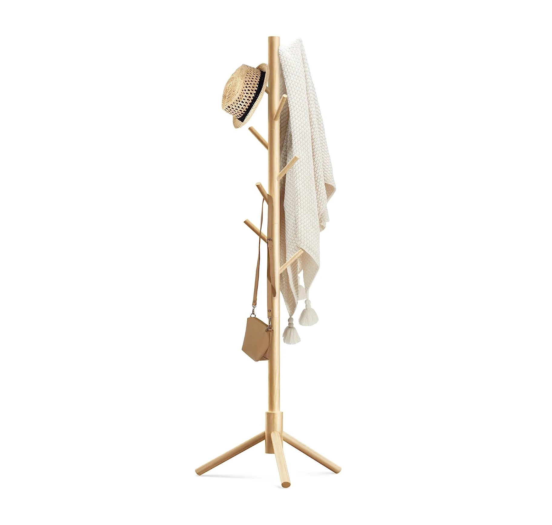 Clothes hanger rack stand with 8 Hooks Adjustable wooden coat rack Tree foldable clothes drying rack