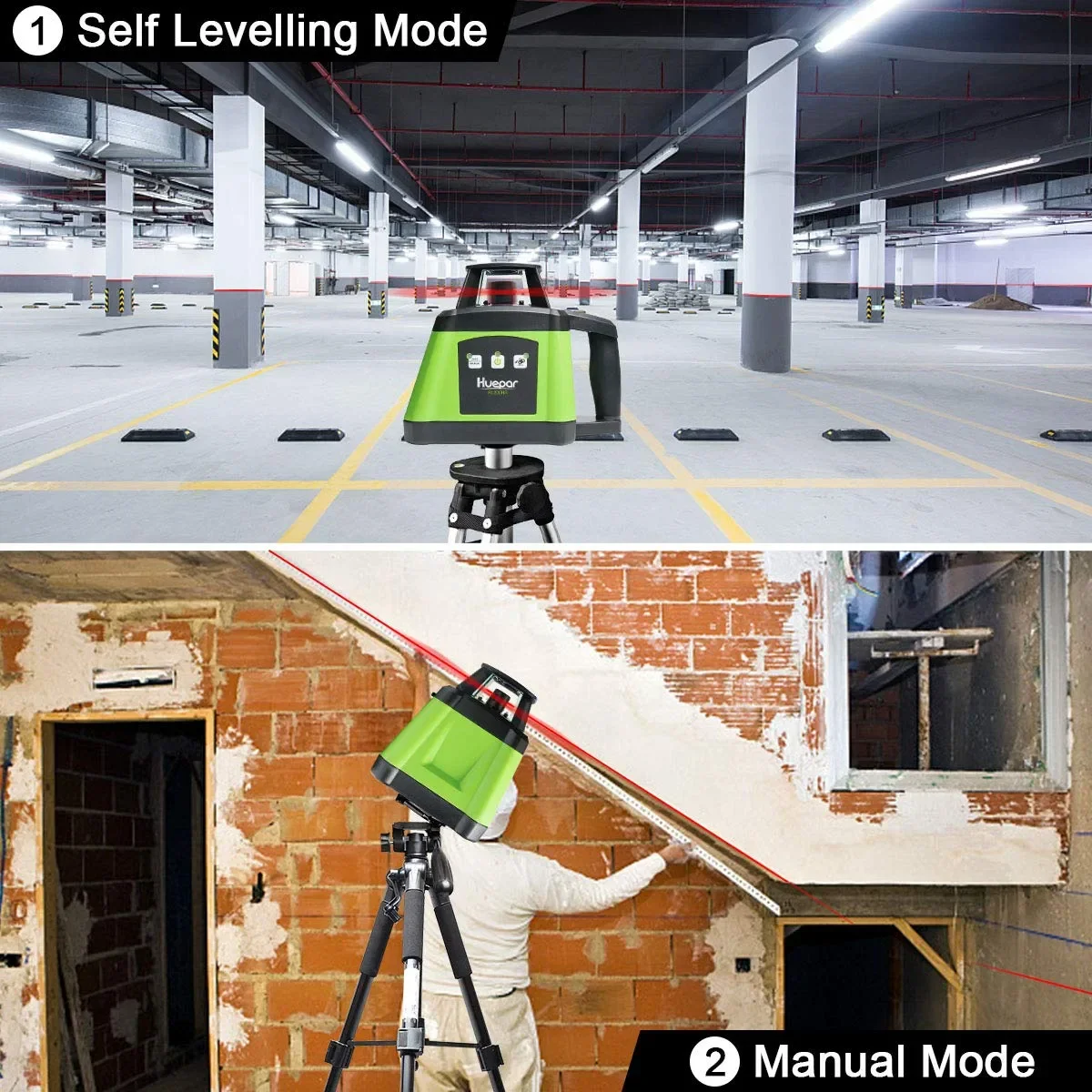 Huepar RL200HR Automatic Leveling Cross Line Rotating Laser Level Auto Red Beam With Receiver
