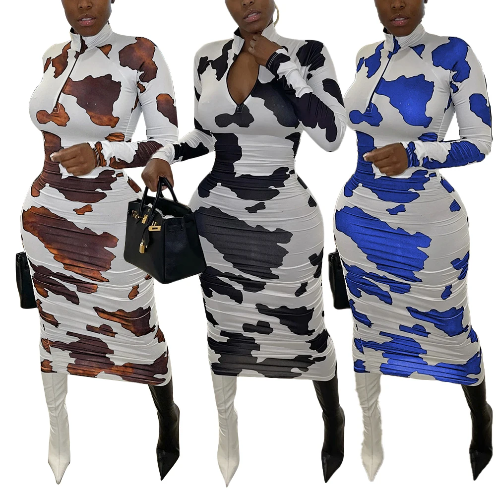 
HD469 Plus 2XL Cow Print Embroided Fabric For Women Dress Vintage Elegant Turtle Neck Latest Dress Woman Clothes 2021 Trending D 