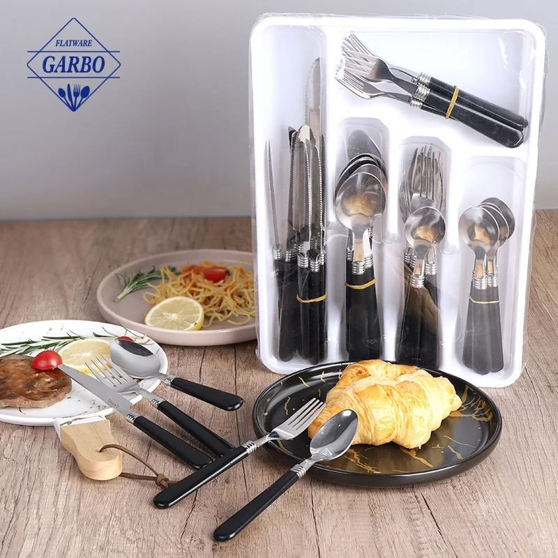 Wholesale South America Hot Sale Cheap 410 Stainless Steel Black Plastic Handle 36pcs Cutlery Flatware Sets with PVC Gift Box