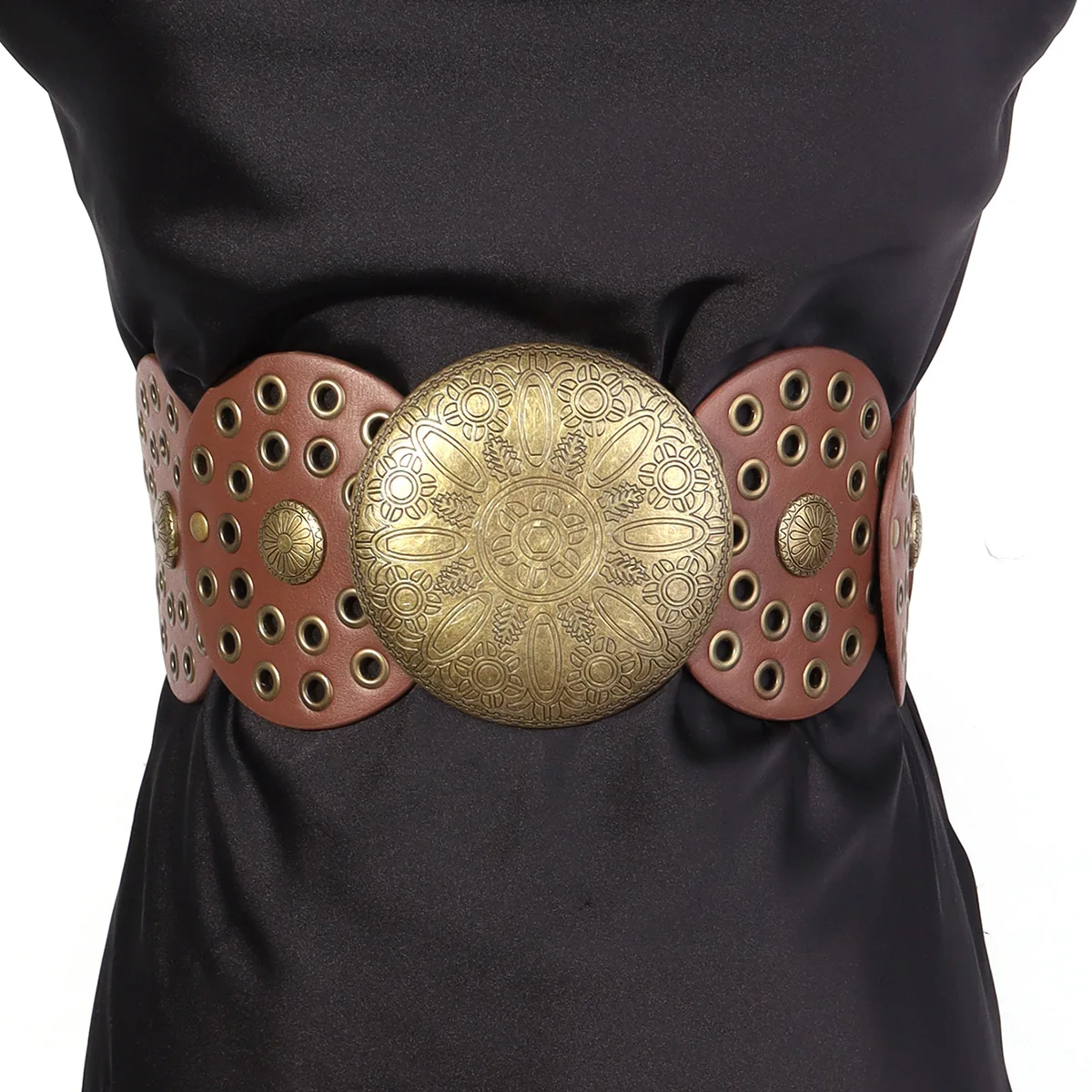 Retro Punk Big Round Rivet Hole PU Leather Belt Disk Link Fashion Wide Ladies Wide Boho Disc Concho Leather Belt