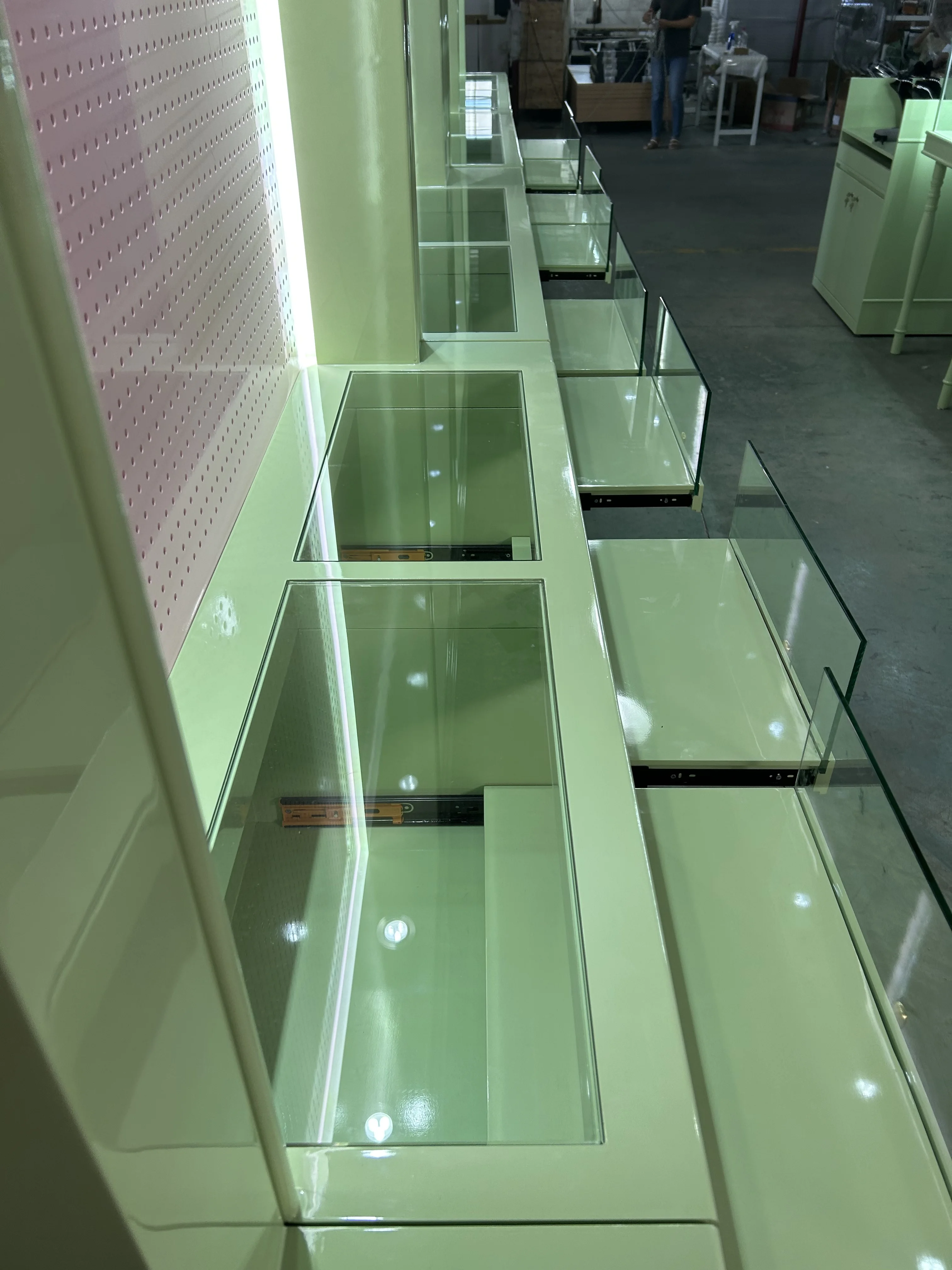 Custom Shop Design Wooden Wall Glass Display Cabinet Jewelry Case Gold Silver With LED lighting Jewellery Showcases Display