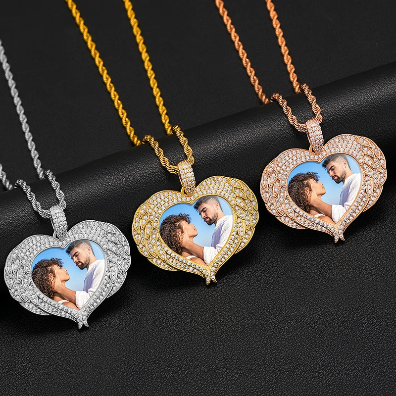 Dropshipping New Arrival Lovers Gift Gold Plated Copper CZ Diamond Iced Out Heart Wing Custom Photo Pendant Necklace