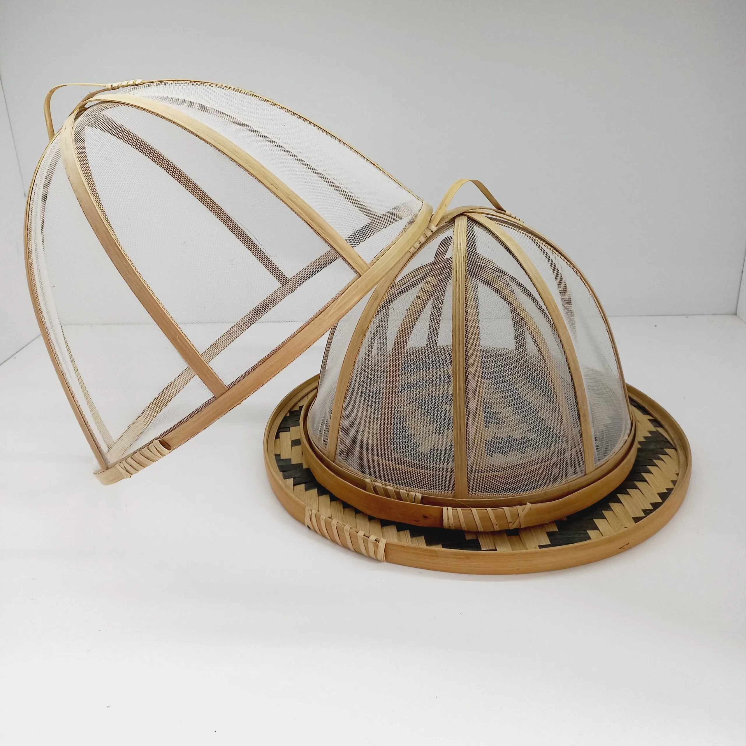 Nordic Round Restaurant Mesh Serving Tent Net Storage Basket Woven Bamboo Food Cover With Lid Kitchen Multifunctional