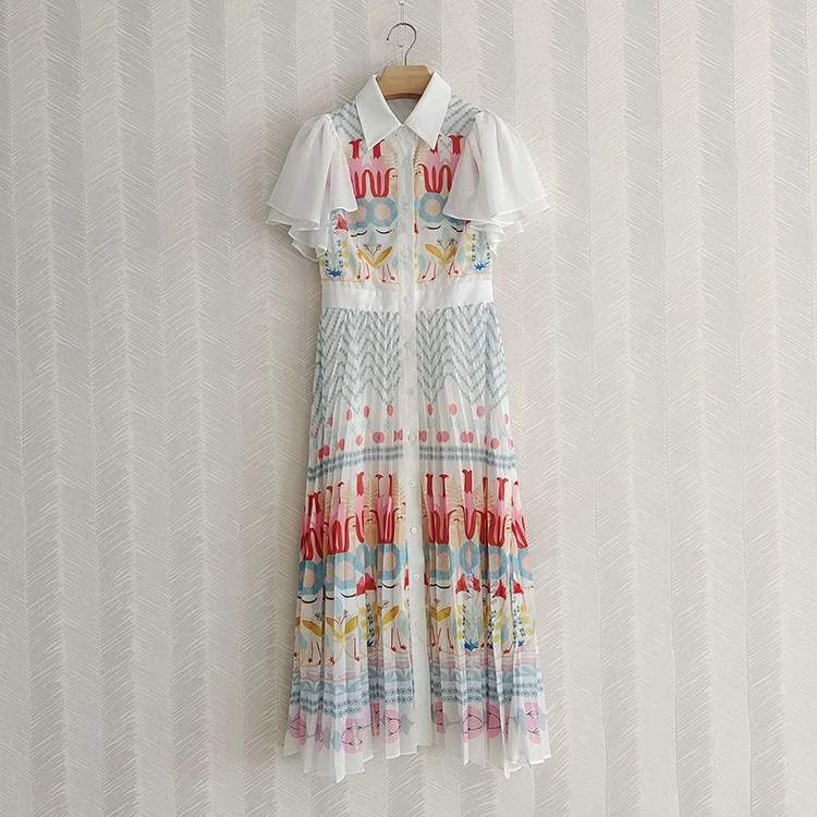 Literary Style Fashion Catwalk Dress  Summer New Flying Sleeves Stitching Pleated Printed Casual Dress